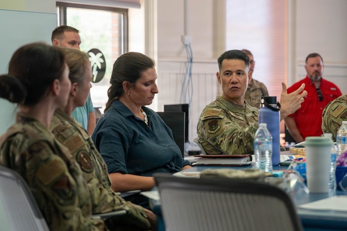 A photo of base leadership discussing innovation ideas.