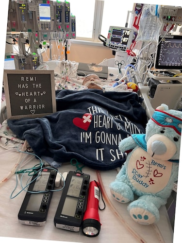 Remi, son of Tech. Sgt. Alec Steinert, 595th Aircraft Maintenance Squadron, and Jessica Steinert, military spouse, is shown at six months old after having open heart surgery at Children’s Health – Heart Center in Dallas, Texas in Dallas, Texas, Aug. 20, 2022. Remi was diagnosed with pulmonary atresia, a severe heart defect where the pulmonary valve doesn’t form properly which could block blood flow to the lungs.