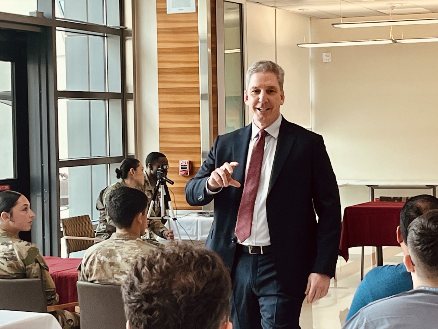 Assistant Secretary of War for Health Affairs, Honorable Keith Bass speaks with Soldiers and staff during a Town Hall at Weed Army Community Hospital (WACH), Fort Irwin, California, April 2026.
