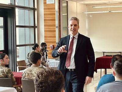 Assistant Secretary of War for Health Affairs, Honorable Keith Bass speaks with Soldiers and staff during a Town Hall at Weed Army Community Hospital (WACH), Fort Irwin, California, April 2026.