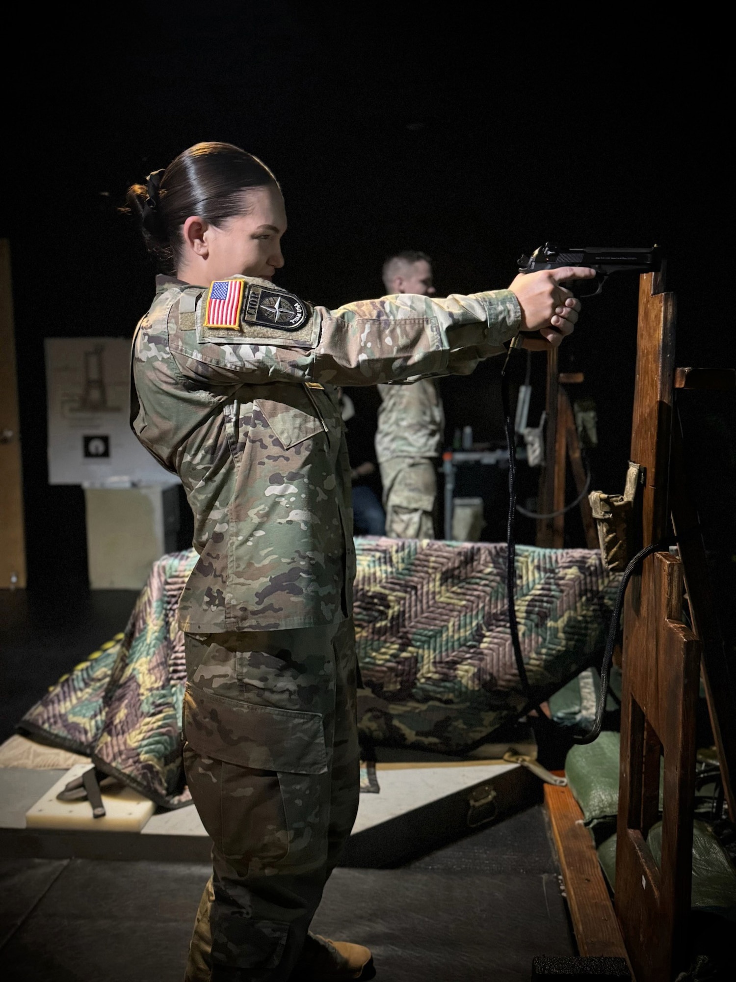 U.S. Army Reserve Staff Sgt. Tana Aley, parachute rigger and recruiter, Greater Kansas City Army Recruiting Company, participates in a marksmanship event during the U.S. Army Reserve Command’s Interallied Confederation of Reserve Officers (CIOR) selection competition at Joint Base McGuire-Dix-Lakehurst, N.J., March 30, 2026. Aley was one of five noncommissioned officers and seven officers selected from the competition, held March 30 - April 3, to represent the United States this summer in Europe at the 2026 CIOR Military Competition, where reserve forces from NATO nations will compete in challenges that test teamwork, endurance and combat skills. (Courtesy photo)