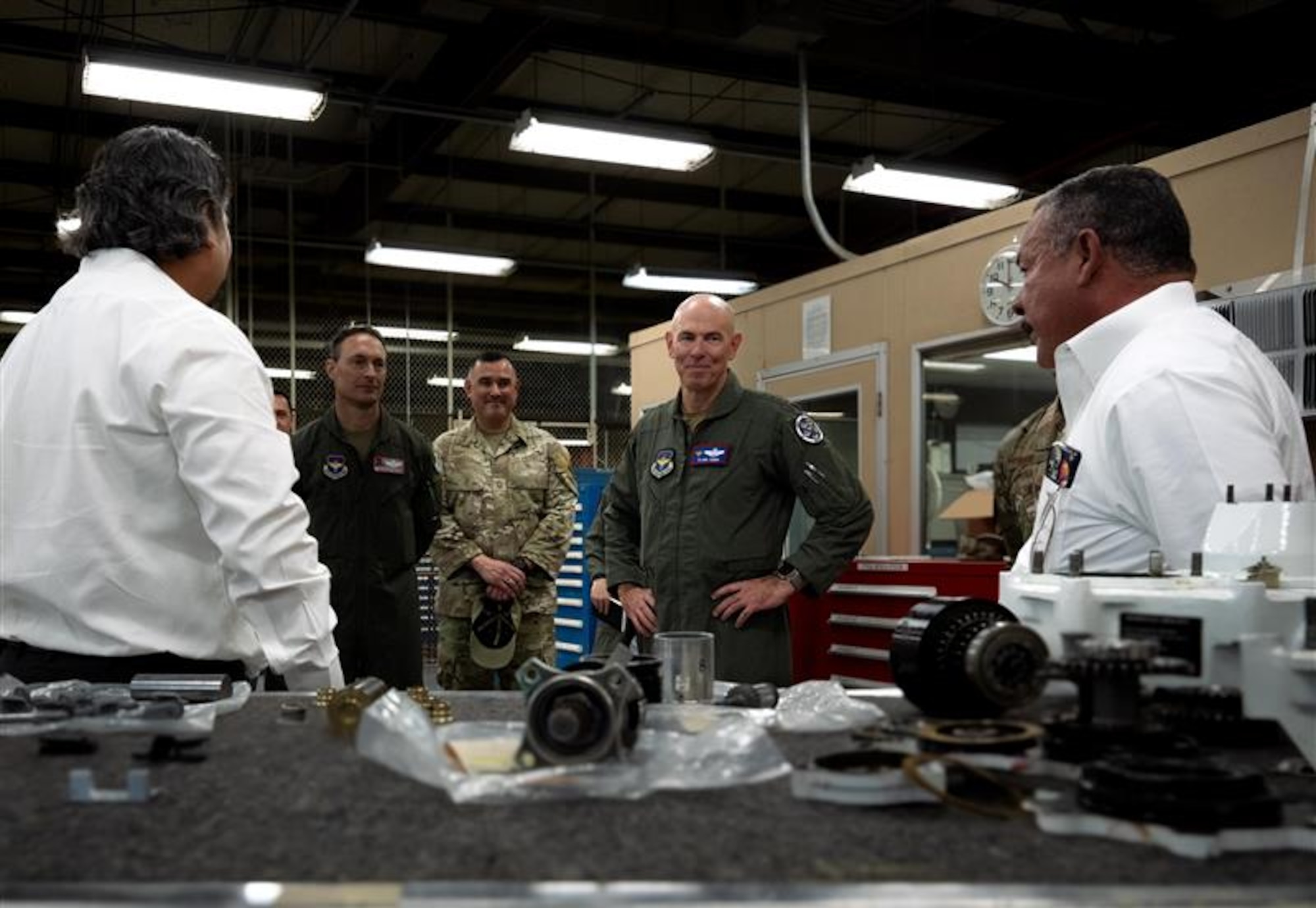 Lt. Gen. Clark Quinn, commander of Air Education and Training Command, observes 47th Maintenance Directorate components division members operating repair machines as part of the Air Force Repair Enhancement Program (AFREP) during a visit to Laughlin Air Force Base, Texas, April 14, 2026. The visit highlighted the wing’s commitment to innovation through AFREP’s ability to save the Air Force millions of dollars. (U.S. Air Force photo by Airman 1st Class Harrison Sullivan)