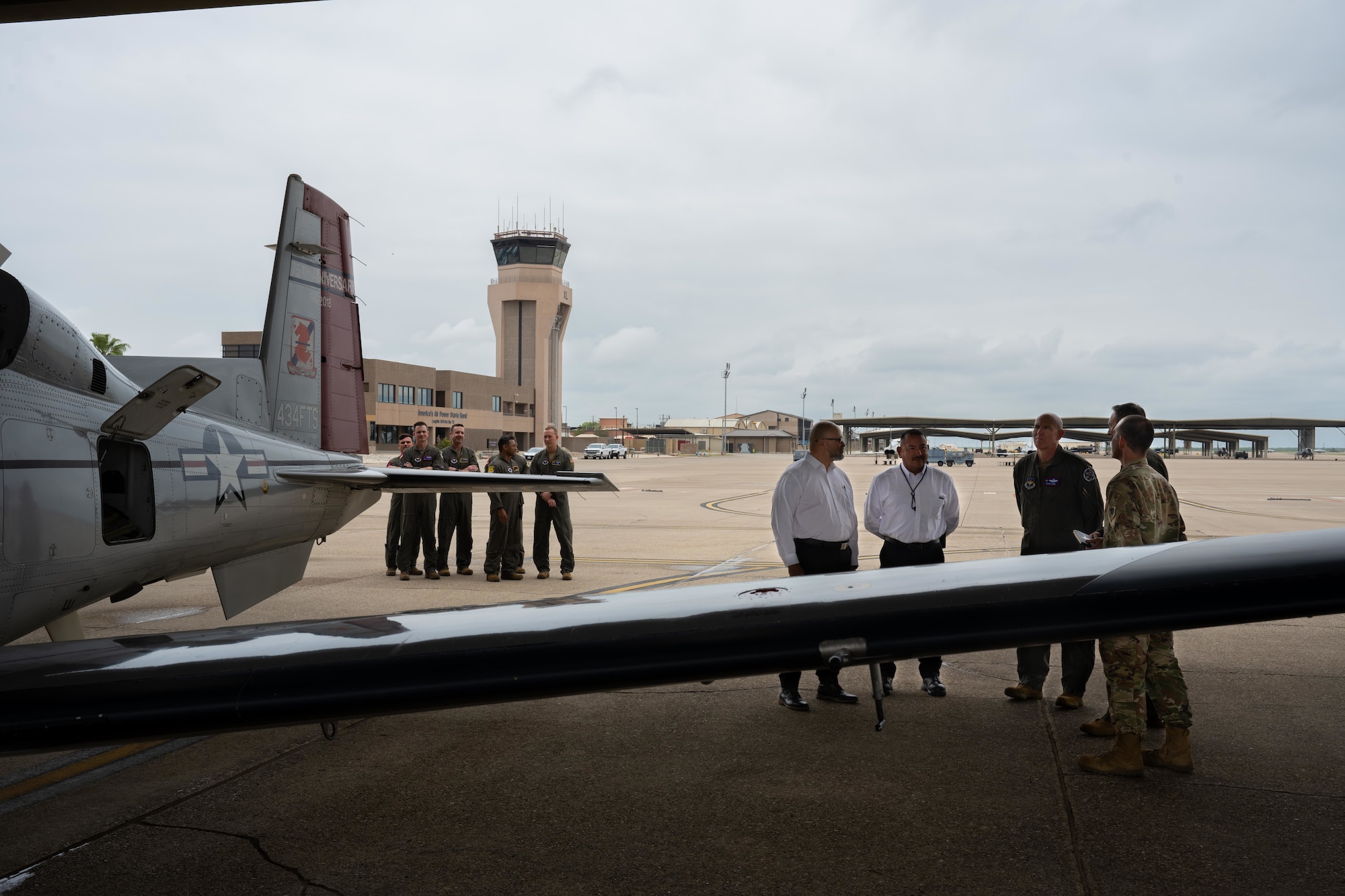Lt. Gen. Clark Quinn, commander of Air Education and Training Command, observes 47th flying Training Rapid Crew Swap (RCS) and Quick Turn procedures after a T-6A Texan II flight at Laughlin Air Force Base, Texas, April, 14, 2026. Laughlin is the first undergraduate pilot training base to implement RCS, a procedure that streamlines aircraft turn times to increase the number of daily sorties and save thousands of maintenance man-hours annually. (U.S. Air Force photo by Airman 1st Class Harrison Sullivan)