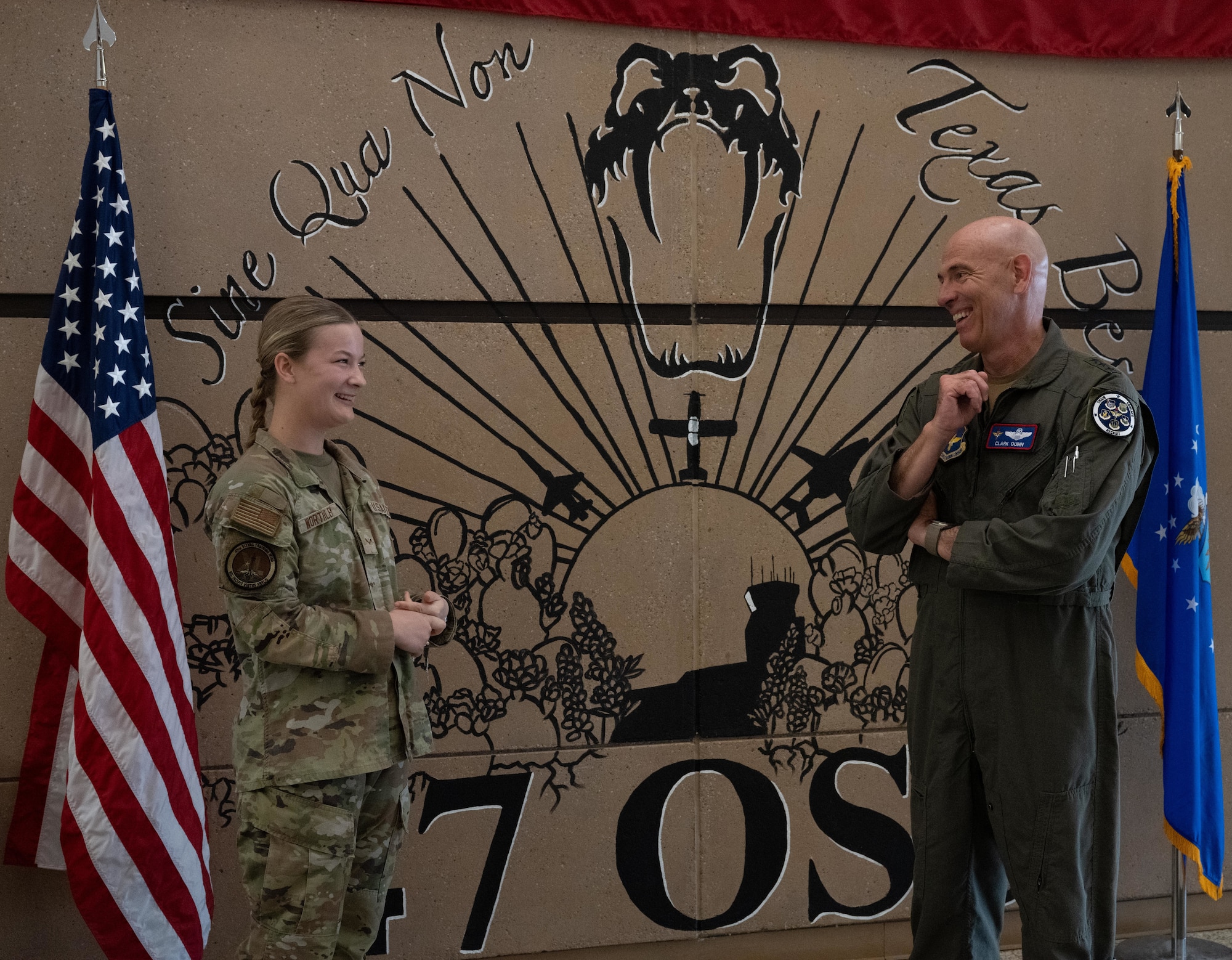 Lt. Gen. Clark Quinn, commander of Air Education and Training Command, speaks with Airman 1st Class Jessie Worthley, 47th Flying Training Wing, religious affairs journeyman during a visit to Laughlin Air Force Base, Texas, April 14, 2026. Throughout his visit, Quinn met with Airmen who support the 47th Flying Training Wing mission, recognizing several individuals across the wing.  (U.S. Air Force photo by Airman 1st Class Harrison Sullivan)