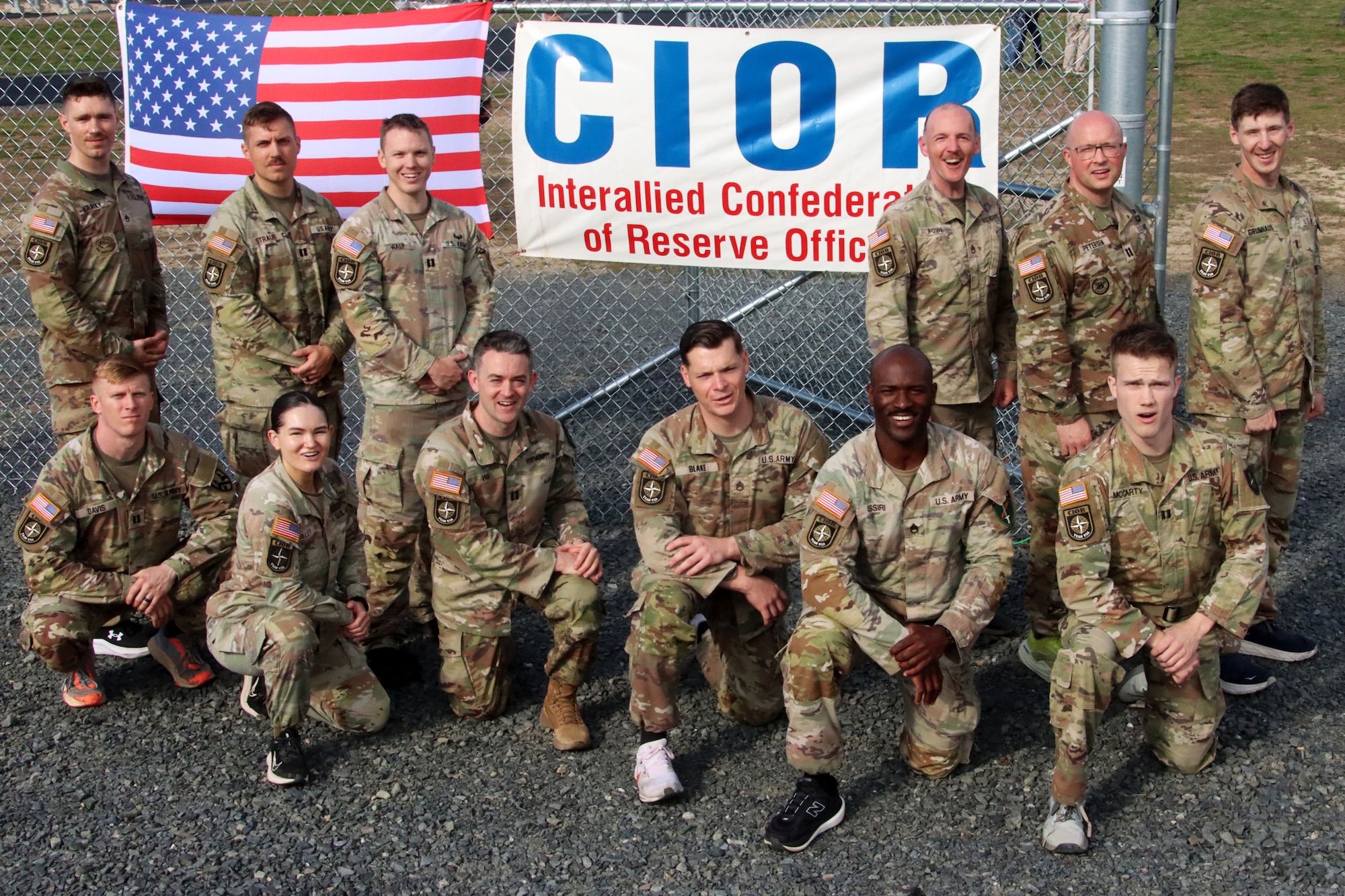 U.S. Army Reserve Soldiers competing in the U.S. Army Reserve Command’s Interallied Confederation of Reserve Officers (CIOR) selection competition, pose for a group photo at the NATO obstacle course at Joint Base McGuire-Dix-Lakehurst, N.J., April 1, 2026. Seven officers and five noncommissioned officers were selected from the competition, held March 30 - April 3, to represent the United States this summer in Europe at the 2026 CIOR Military Competition, where reserve forces from NATO nations will compete in challenges that test teamwork, endurance and combat skills. (U.S. Army photo by Steven Roussel)