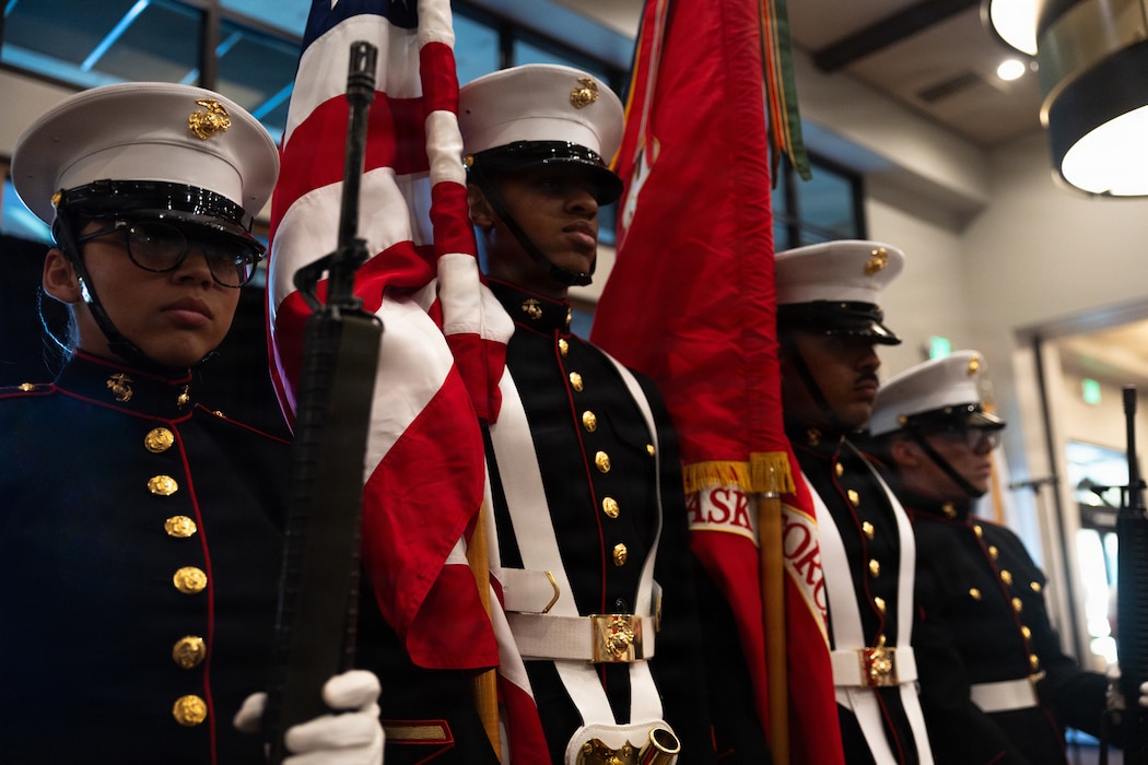 U.S. Marines with Headquarters Battalion Color Guard, Marine Air Ground Task Force Training Command, Marine Corps Air Ground Combat Center, conduct a drill movement during Military Appreciation Night at Ironwood Country Club, Palm Desert, California, March 22, 2026. The night was held in honor of service members and their families who serve across the globe and featured a day of golfing with a breakfast, lunch and dinner banquet.  (U.S. Marine Corps photo by Pfc. Ethan DePaul)