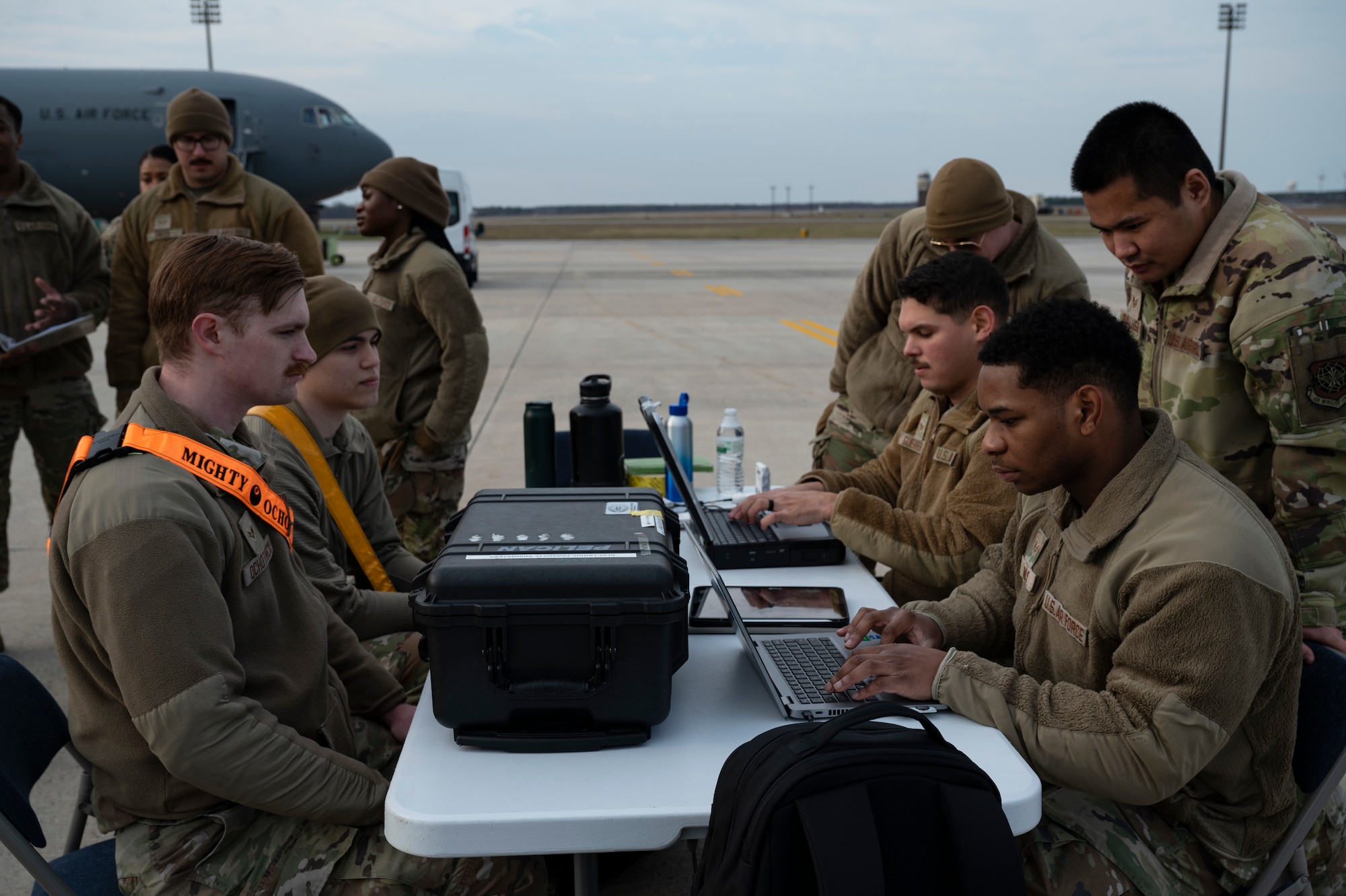U.S. Air Force bioenvironmental engineering technicians from the 87th Operational Medical Readiness Squadron create and provide health risk assessments to 605th Aircraft Maintenance Squadron members during Radiant Falcon training at Joint Base McGuire-Dix-Lakehurst, N.J., March 26, 2026.