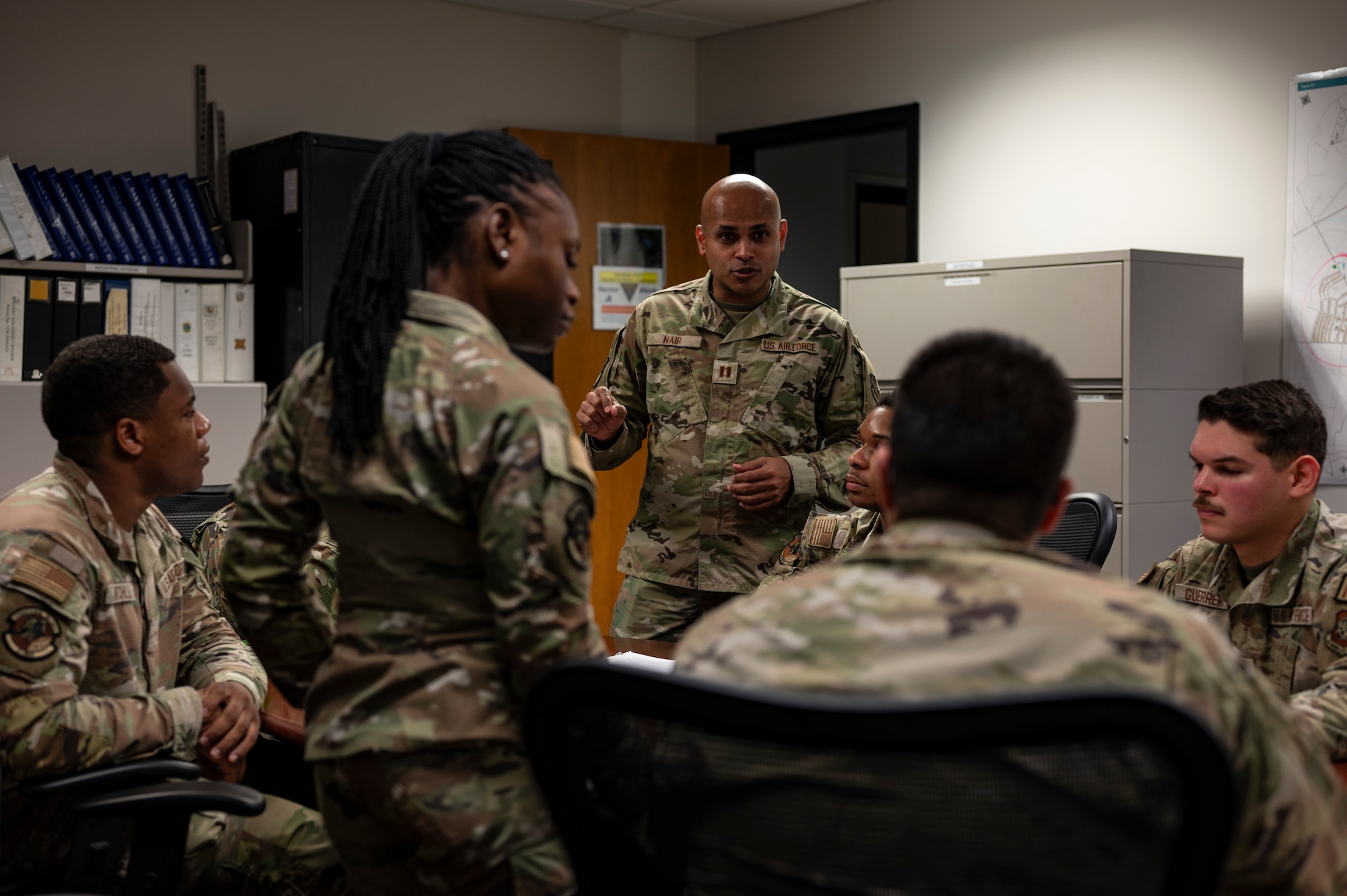 U.S. Air Force Capt. Sudhesh Nair, 87th Operational Medical Readiness Squadron environmental health element chief, instructs 87th OMRS bioenvironmental engineering technicians during Radiant Falcon training at Joint Base McGuire-Dix-Lakehurst, N.J., March 27, 2026.