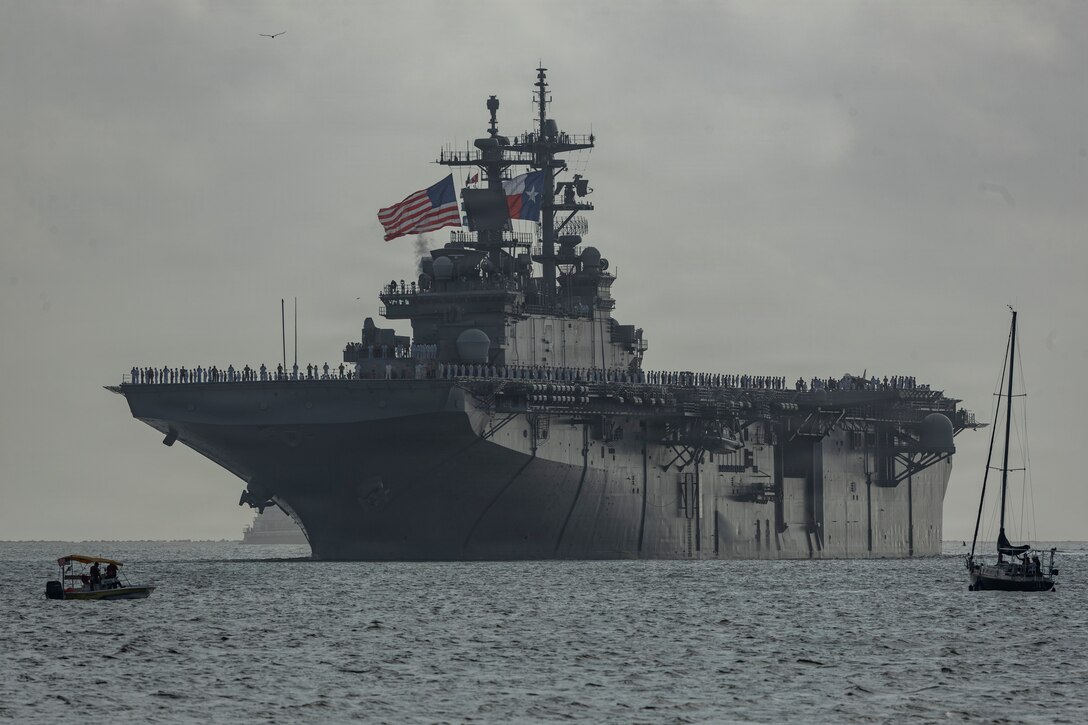 Wasp-class amphibious assault ship USS Kearsarge (LHD 3) transits near Seawolf Park during Fleet Week Houston 2026 in Galveston, Texas, April 15, 2026. Held in partnership with Freedom 250, the inaugural Fleet Week Houston commemorates the 250-year legacy of America while showcasing its sea service’s cutting-edge technology and the unwavering dedication of our warfighters. (U.S. Marine Corps photo by Lance Cpl. Perri Wood)