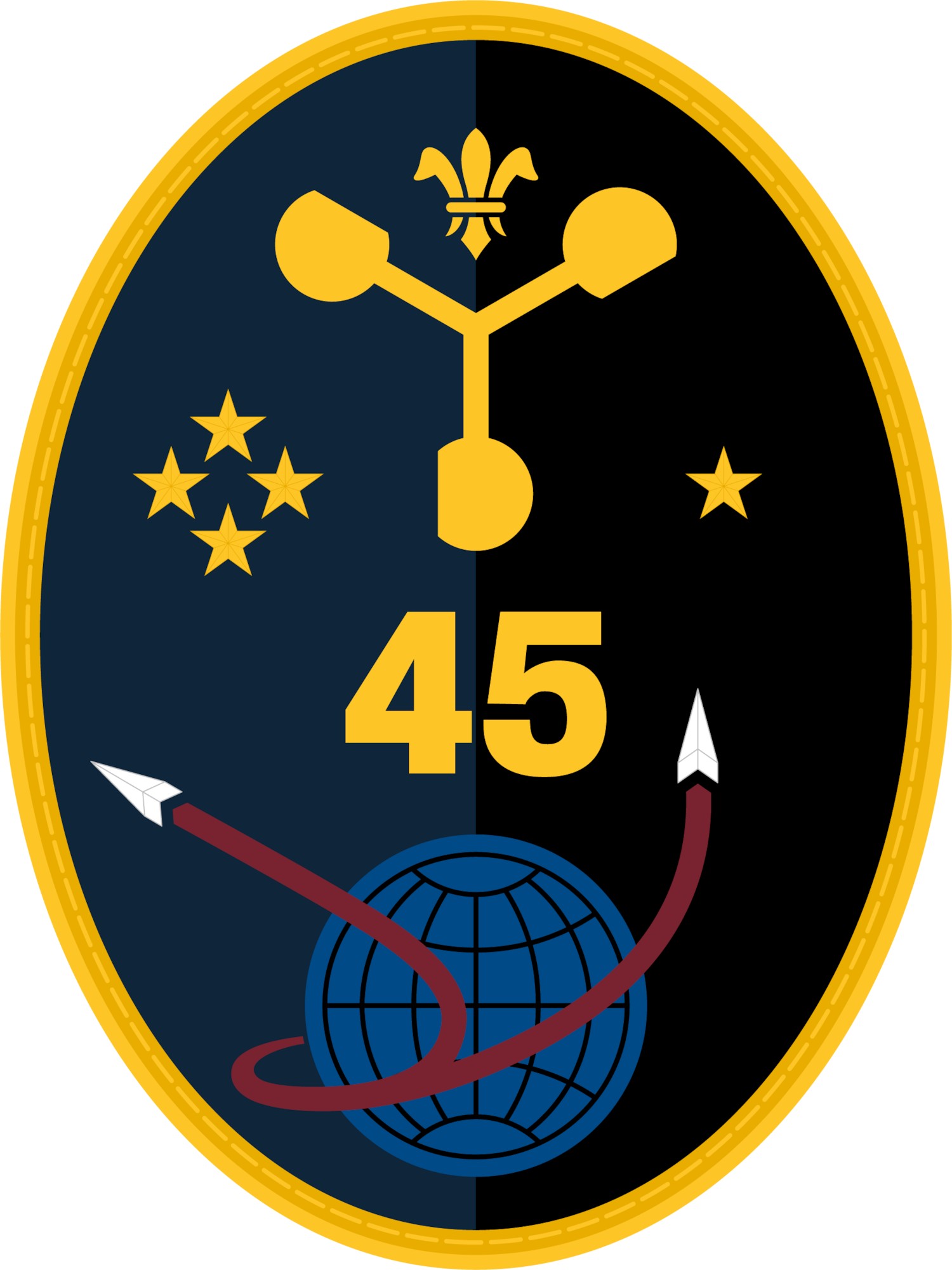 The emblem features the number “45,” a globe, stylized atmospheric instrumentation, and launch trajectories, reflecting the squadron’s role in providing weather support to space operations.