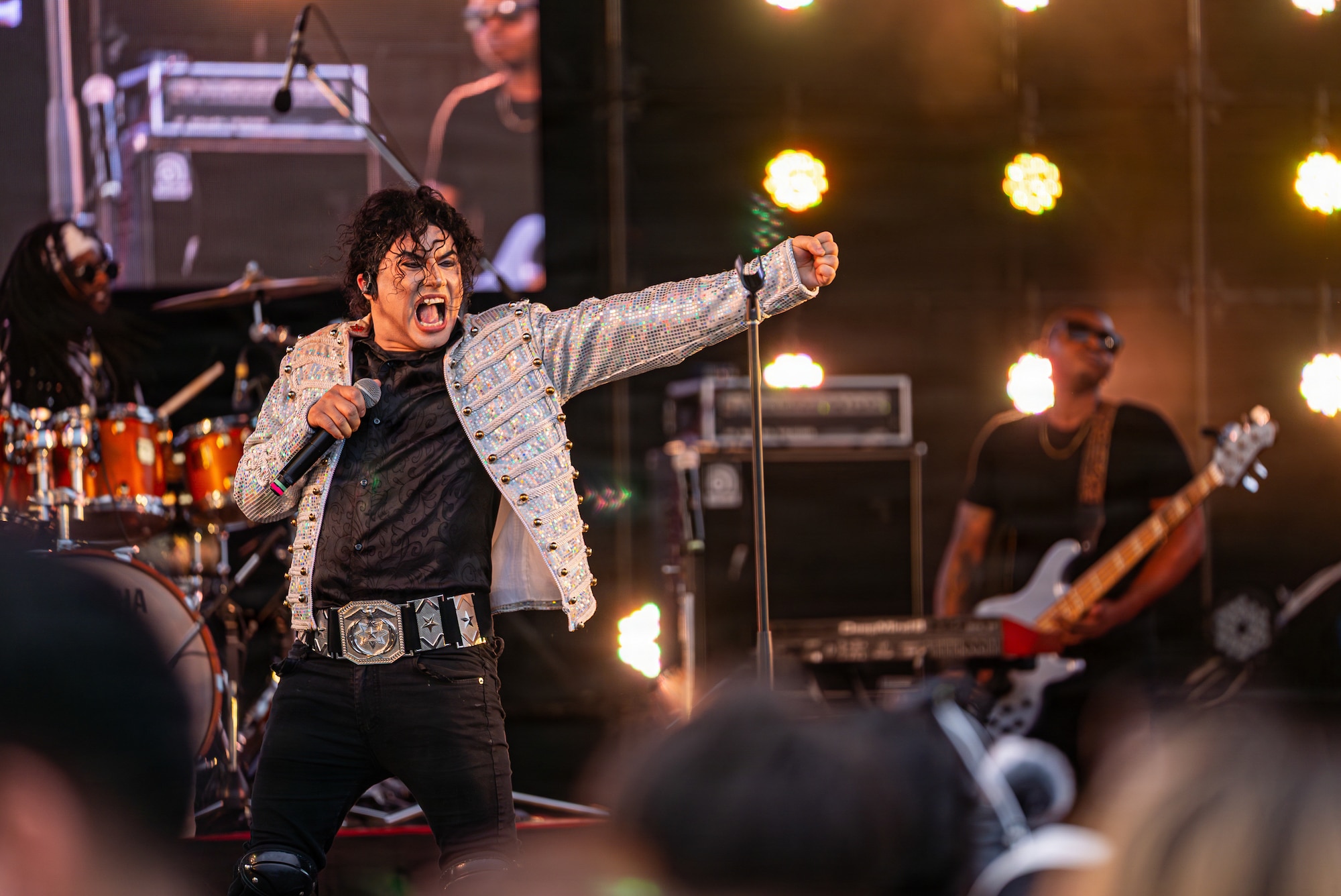 Festival attendees enjoy a Michael Jackson tribute band, at America Fest 2026 at Kadena Air Base, Japan.