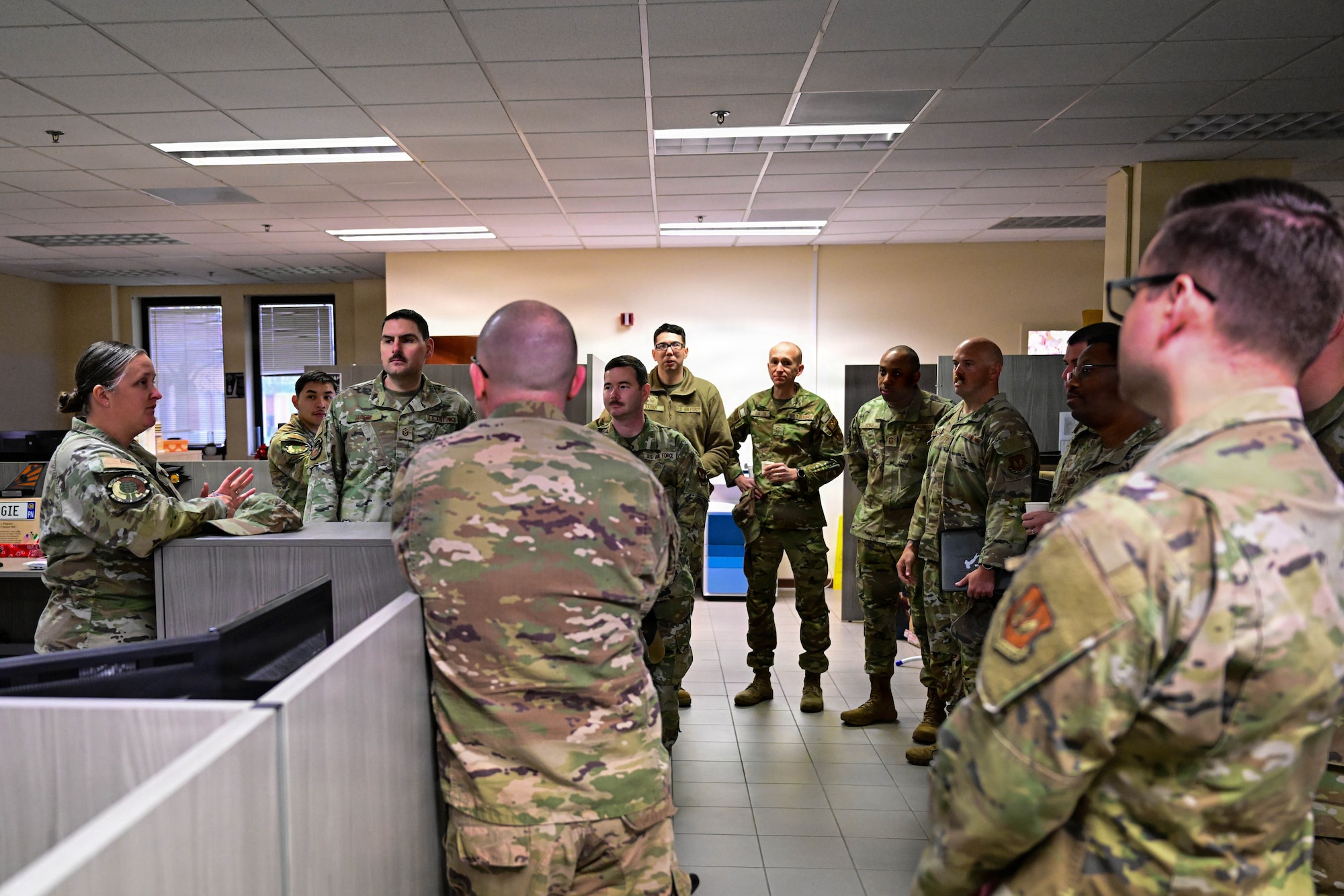 U.S. Air Force first sergeants assigned to the 31st Fighter Wing engage with personnel during a visit to the 31st Force Support Squadron at Aviano Air Base, Italy, March 26, 2026.