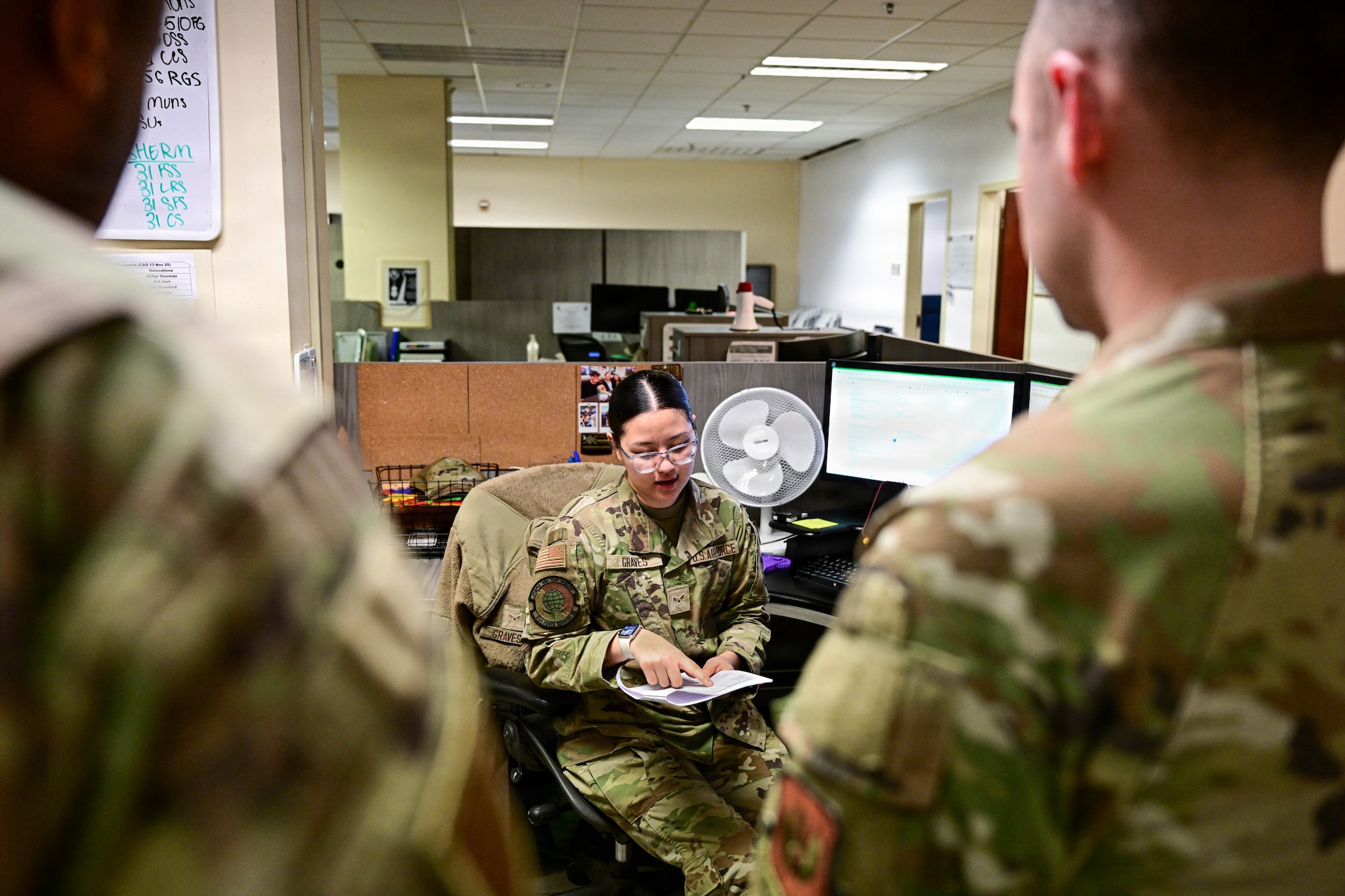 U.S. Air Force Airman 1st Class Kyree-Lee Graves, 31st Force Support Squadron outbound assignments counselor, explains the outbound process to a group of first sergeants at Aviano Air Base, Italy, March 26, 2026.
