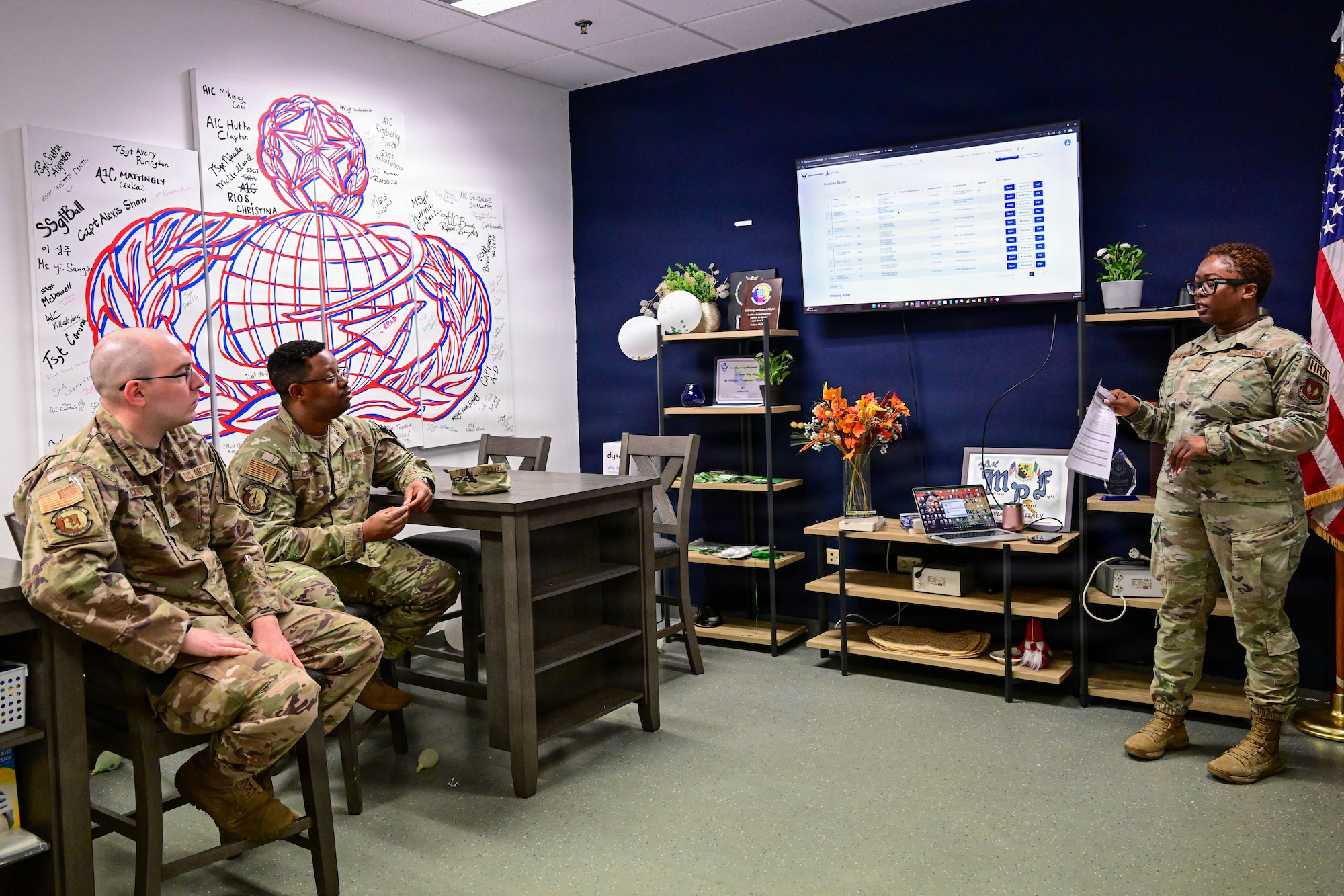 U.S. Air Force first sergeants assigned to the 31st Fighter Wing receive a briefing inside the 31st Force Support Squadron work center at Aviano Air Base, Italy, March 26, 2026.