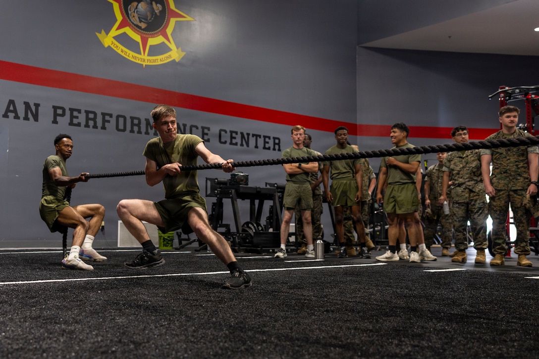 U.S. Marines and Sailors with 2nd Marine Logistics Group compete in a game of tug-of-war during a Sexual Assault Prevention and Response Raise Your Voice competition at Marine Corps Base Camp Lejeune, North Carolina, April 15, 2026. SAPR coordinators alongside the 2nd MLG Human Performance Center hosted the event as part of Sexual Assault Awareness Month to encourage community members to raise awareness and understand how to prevent and report incidents as well as advocate for survivors. (U.S. Marine Corps photo by Lance Cpl. Isabella Ramos)