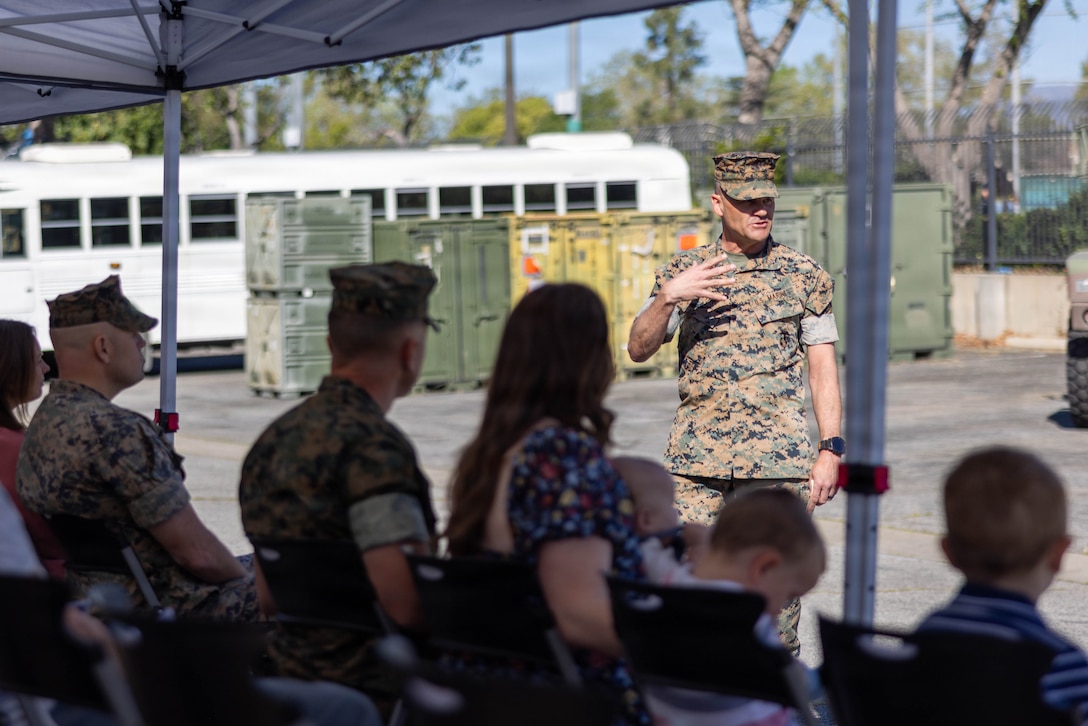 U.S. Marine Corps Col. Aaron M. Awtry, commanding officer of 23rd Marine Regiment, 4th Marine Division, gives remarks during a change of command ceremony in Pasadena, Calif., March 14, 2026. During the ceremony, Lt. Col. Davis B. Gooding III relinquished command of 2nd Battalion, 23rd Marine Regiment, 4th Marine Division to Lt. Col. Michael P. Smith. The ceremony signified the transfer of accountability, responsibility and authority to new leadership and the continuity of command. (U.S. Marine Corps photo by Lance Cpl. Adrian Estrada)