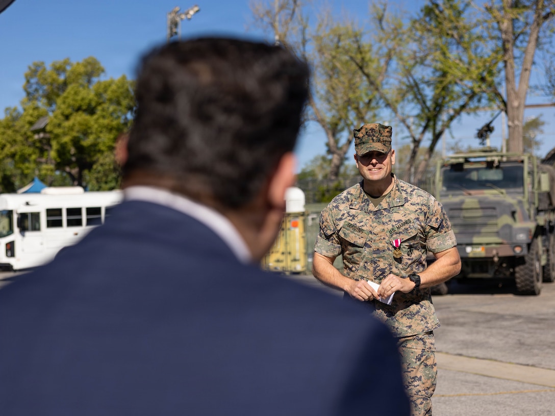 U.S. Marine Corps Lt. Col. Davis B. Gooding III, outgoing commanding officer of 2nd Battalion, 23rd Marine Regiment, 4th Marine Division, gives remarks during a change of command ceremony in Pasadena, Calif., March 14, 2026. During the ceremony, Gooding III relinquished command of the battalion to Smith. The ceremony signified the transfer of accountability, responsibility and authority to new leadership and the continuity of command. (U.S. Marine Corps photo by Lance Cpl. Adrian Estrada)