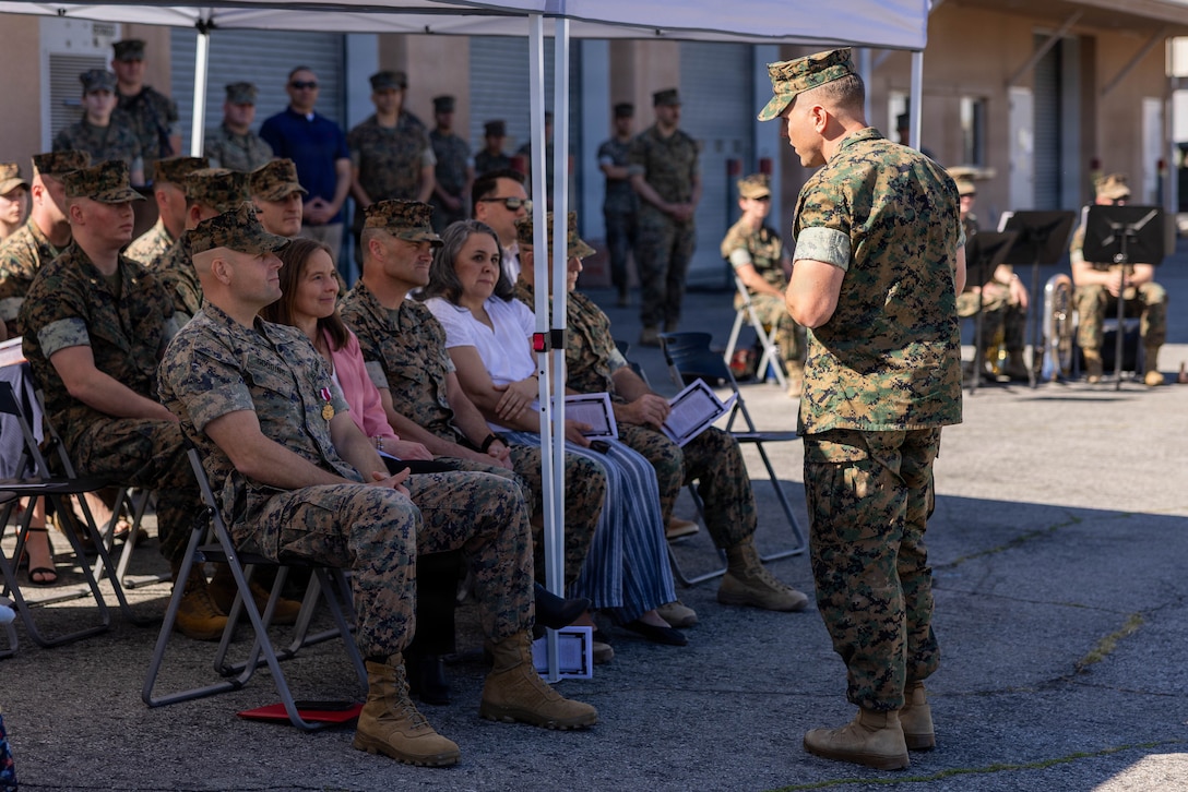 U.S. Marine Corps Lt. Col Michael P. Smith, incoming commanding officer of 2nd Battalion, 23rd Marine Regiment, 4th Marine Division, gives remarks during a change of command ceremony in Pasadena, Calif., March 14, 2026. During the ceremony, Gooding III relinquished command of the battalion to Smith. The ceremony signified the transfer of accountability, responsibility and authority to new leadership and the continuity of command. (U.S. Marine Corps photo by Lance Cpl. Adrian Estrada)