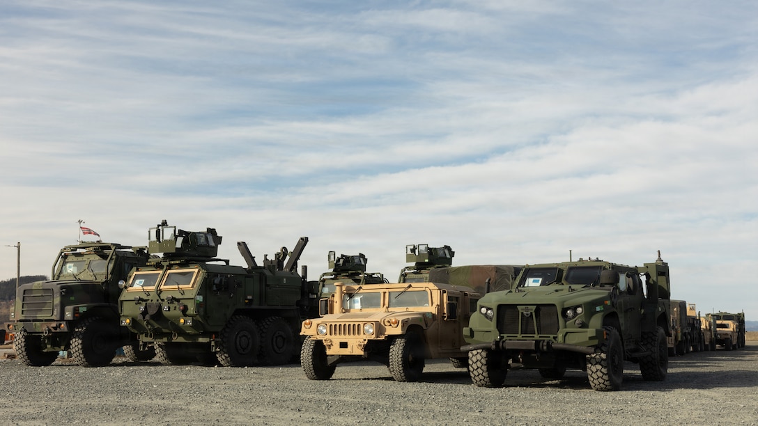 U.S. Marine Corps tactical vehicles assigned to Marine Corps Prepositioning Program-Norway are staged at Verdalsora, Norway, April 10, 2026. The ground and logistical equipment was offloaded as part of the conclusion of exercise Cold Response 26. A key component of NATO's enhanced vigilance activity Arctic Sentry, exercise Cold Response 26 is a Norwegian-led winter military exercise designed to enhance collective defense capabilities and ensure U.S. readiness to rapidly deploy and seamlessly operate alongside NATO Allies in challenging arctic conditions. (U.S. Marine Corps photo by Lance Cpl. Franco Lewis)