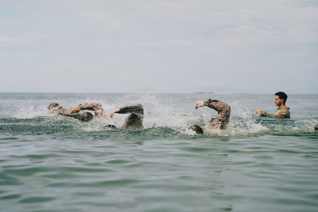 U.S. Marines with India Company, Battalion Landing Team 3/6, 22nd Marine Expeditionary Unit (Special Operations Capable), conduct an open-water swim training event near Salinas, Puerto Rico, April 13, 2026. U.S. military forces are deployed to the Caribbean in support of the U.S. Southern Command mission, Department of War-directed operations, and the president’s priorities to disrupt illicit drug trafficking and protect the homeland. (U.S. Marine Corps photo)