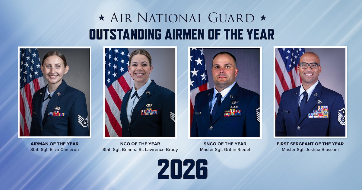 A graphic depicting four photos representing the four Air National Guard Outstanding Airmen of the Year for 2026.