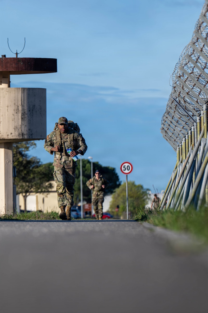 Airmen participate in the Norwegian foot march.
