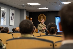 Lt. Col. Adanto D’Amore, 7th Field Investigations Squadron, speaks to attendees during an Air Force Office of Special Investigations immersion event March 30 at Joint Base Andrews, Maryland.