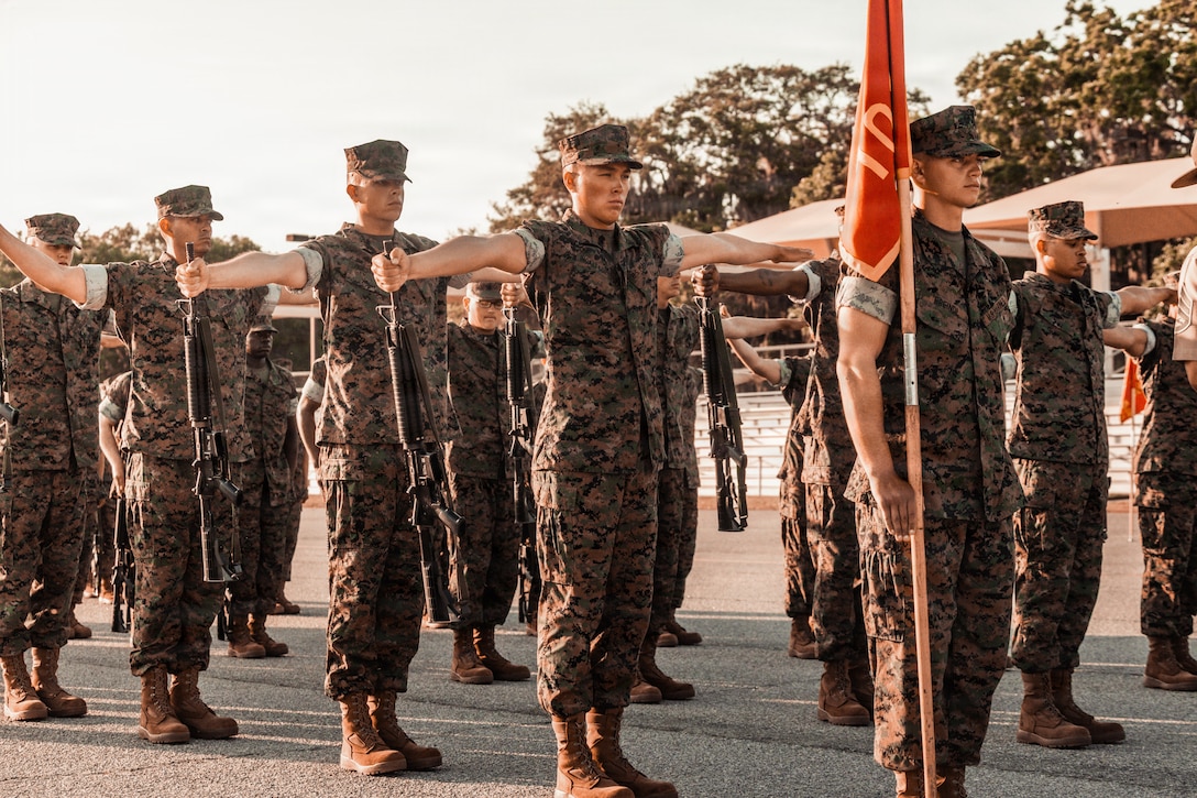 Recruits with Charlie Company, 1st Recruit Training Battalion, Recruit Training Regiment, conduct final drill on Marine Corps Recruit Depot Parris Island, S.C, April 18, 2026. Through final drill and the five Marine attributes, recruits forged discipline and exemplary character. (U.S. Marine Corps photo by Cpl. Jordy Morales)