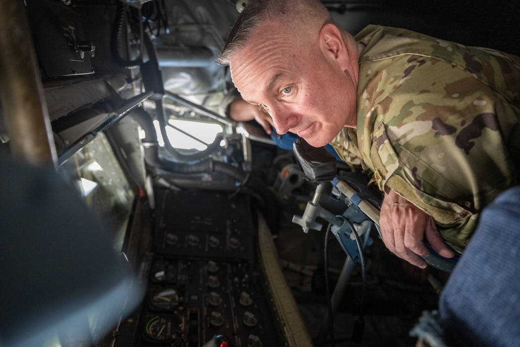 Chief Master Sgt. of the Air Force David Wolfe, visits crew members in the boom pod of a KC-135 Stratotanker, during an immersion with the 97th Air Mobility Wing, at Altus Air Force Base, Oklahoma, April 16, 2026. The 97th AMW is home to three schoolhouses—C-17 Globemaster III, KC-135 Stratotanker and KC-46 Pegasus—where they conduct initial and advanced specialty training programs for airland, airdrop, and air refueling mobility forces, providing global reach for combat and contingency operations, as well as relief operations. (U.S. Air Force photo by Airman 1st Class Nathan Langston)