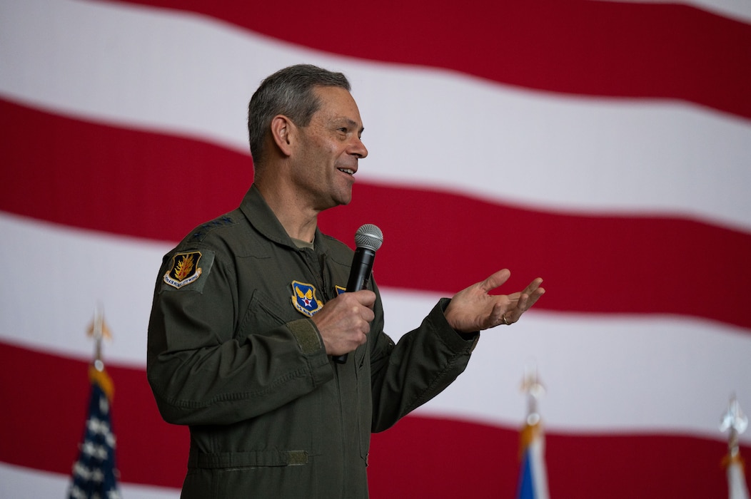 U.S. Air Force Chief of Staff Gen. Ken Wilsbach speaks to Airmen during an all call, at Altus Air Force Base, Oklahoma, April 16, 2026. The all call provided an opportunity for senior leaders to connect with Airmen at every level, answer questions, and discuss the challenges and opportunities facing today’s Air Force. (U.S. Air Force photo by Tech. Sgt. Hailey Haux)