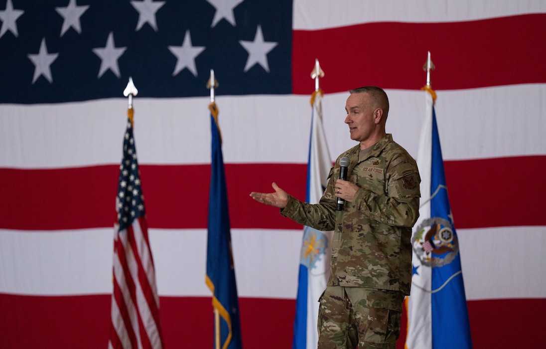 Chief Master Sgt. of the Air Force David Wolfe speaks to Airmen during an all call, at Altus Air Force Base, Oklahoma, April 16, 2026. The all call provided an opportunity for senior leaders to connect with Airmen at every level, answer questions, and discuss the challenges and opportunities facing today’s Air Force. (U.S. Air Force photo by Tech. Sgt. Hailey Haux)