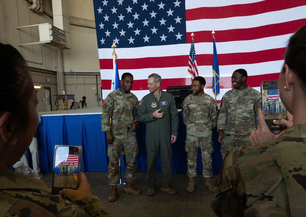 U.S. Air Force Chief of Staff Gen. Ken Wilsbach, talks to, and takes photos with, Airmen after an all call at Altus Air Force Base, Oklahoma, April 16, 2026. The all call provided an opportunity for senior leaders to connect with Airmen at every level, answer questions, and discuss the challenges and opportunities facing today’s Air Force. (U.S. Air Force photo by Tech. Sgt. Hailey Haux)