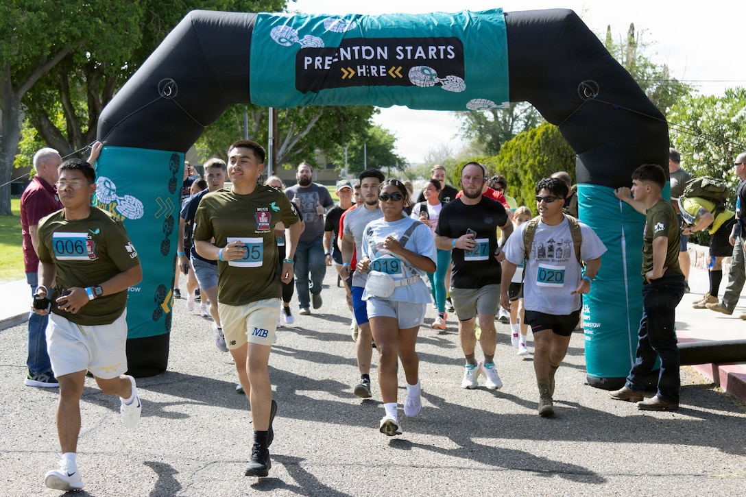 Marines and civilians participate in the #SAPR “Splash and Dash” 5k aboard Marine Corps Logistics Base (MCLB)  - Barstow, California April 16. The event raised awareness around encouraging prevention and fostering community support in the battle against sexual assault.