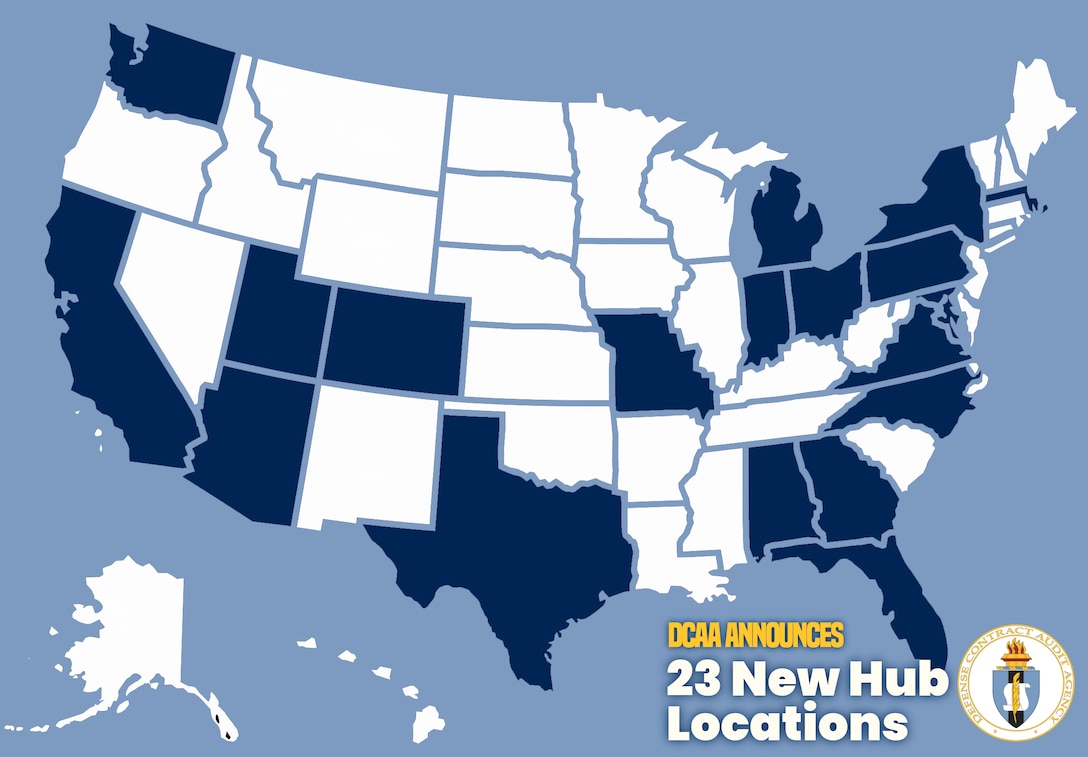 Map of the United States with states where the 23 hubs are located marked in navy blue.