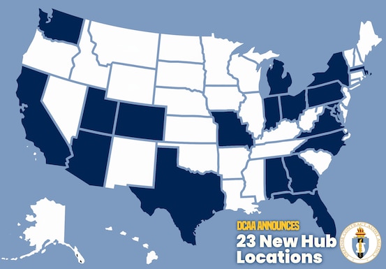Map of the United States with states where the 23 hubs are located marked in navy blue.