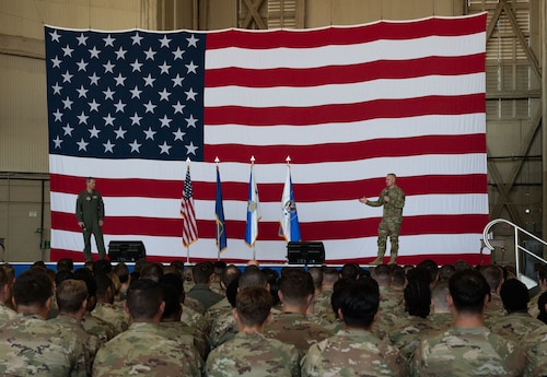 U.S. Air Force Chief of Staff Gen. Ken Wilsbach, left, and Chief Master Sgt. of the Air Force David Wolfe, right, speak to Airmen during an all call, at Altus Air Force Base, Oklahoma, April 16, 2026. The all call provided an opportunity for senior leaders to connect with Airmen at every level, answer questions, and discuss the challenges and opportunities facing today’s Air Force. (U.S. Air Force photo by Tech. Sgt. Hailey Haux)