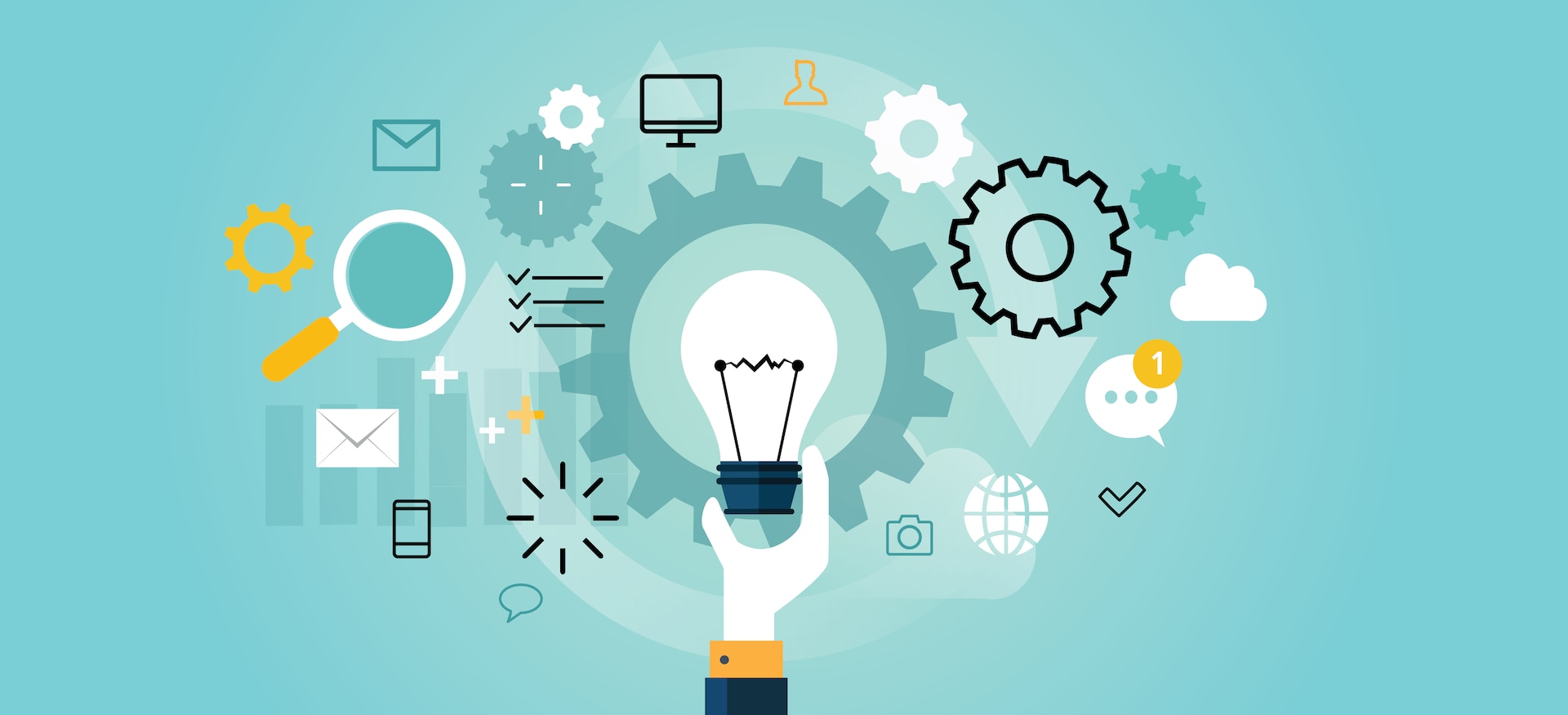 Innovation graphic with gears, light bulb and other gadgets.