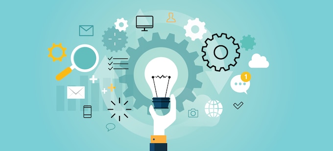 Innovation graphic with gears, light bulb and other gadgets.
