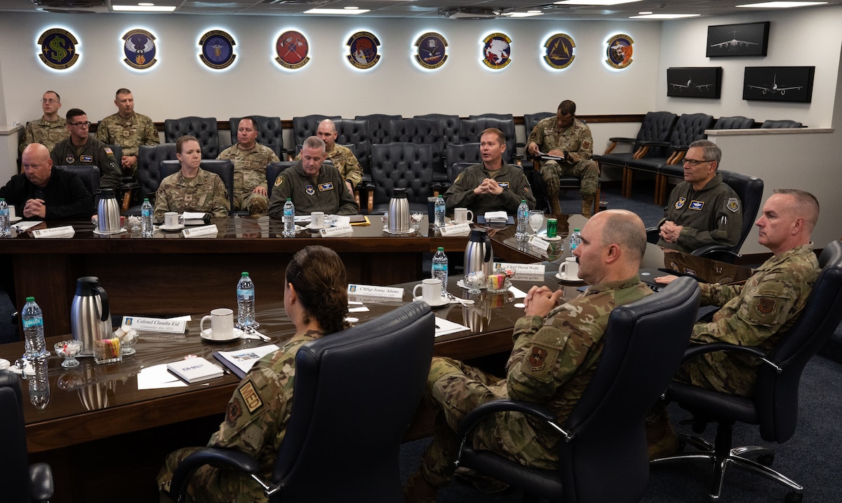 U.S. Air Force Chief of Staff Gen. Ken Wilsbach, center right, and Chief Master Sgt. of the Air Force David Wolfe, right, receive a Wing Brief from 97th Air Mobility Wing leadership, at Altus Air Force Base, Oklahoma, April 16, 2026. Altus AFB’s mission is to develop the decisive Mobility Force of the Future, falling directly in line with the CSAF’s priorities of fostering a warrior culture. (U.S. Air Force photo by Tech. Sgt. Hailey Haux)