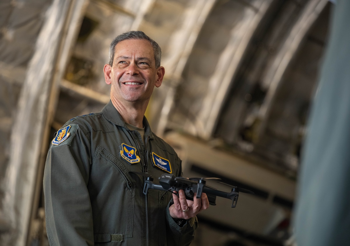 U.S. Air Force Chief of Staff Gen. Ken Wilsbach, learns more about the 97th Operations Support Squadron’s innovation efforts in airdrop parachute recovery, using drones, during an immersion at Altus Air Force Base, Okla., April 16, 2026. The drone program saved time and resources by providing aid in recovering parachutes used in airdrops from the U.S. Air Force C-17 Globemaster III. (U.S. Air Force photo by Airman 1st Class Emma Wright)