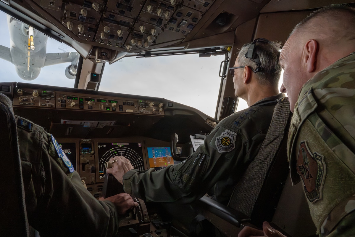 U.S. Air Force Chief of Staff Gen. Ken Wilsbach, pilots a KC-46 Pegasus during an immersion with the 97th Air Mobility Wing, at Altus Air Force Base, Oklahoma, April 16, 2026. A command pilot with more than 6,200 flying hours across multiple aircraft, Wilsbach took the controls of the Air Force’s newest tanker—demonstrating his commitment to remaining personally connected to the mission and the Airmen who execute it. (U.S. Air Force photo by Airman 1st Class Nathan Langston)