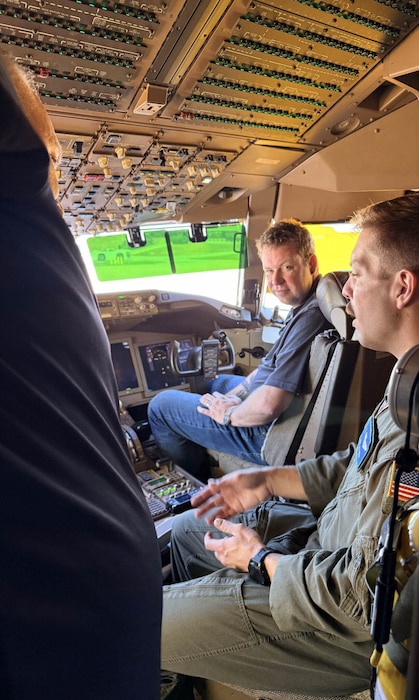 Mark Sutherland, Air Mobility Command civic leader, sits in the cockpit of a U.S. Air Force KC-46 Pegasus aircraft at Altus Air Force Base, Oklahoma, April 9, 2026. (Courtesy photo)