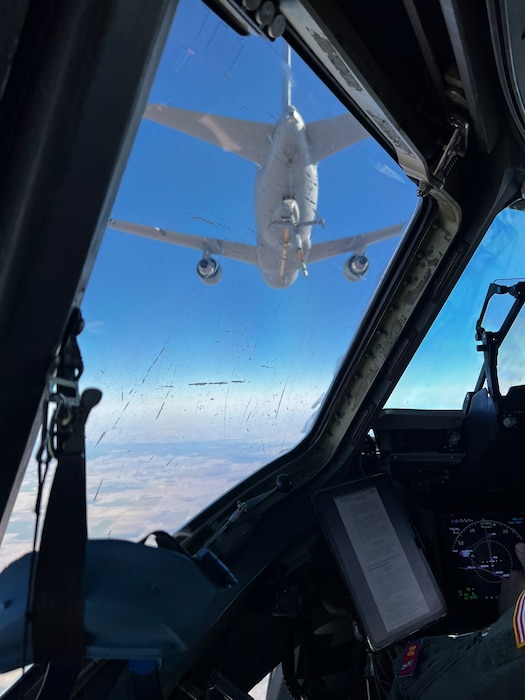 A U.S. Air Force KC-46 Pegasus aircraft prepares to in-flight refuel a C-17 Globemaster III aircraft at Altus Air Force Base, Oklahoma, April 8, 2026. (Courtesy photo)