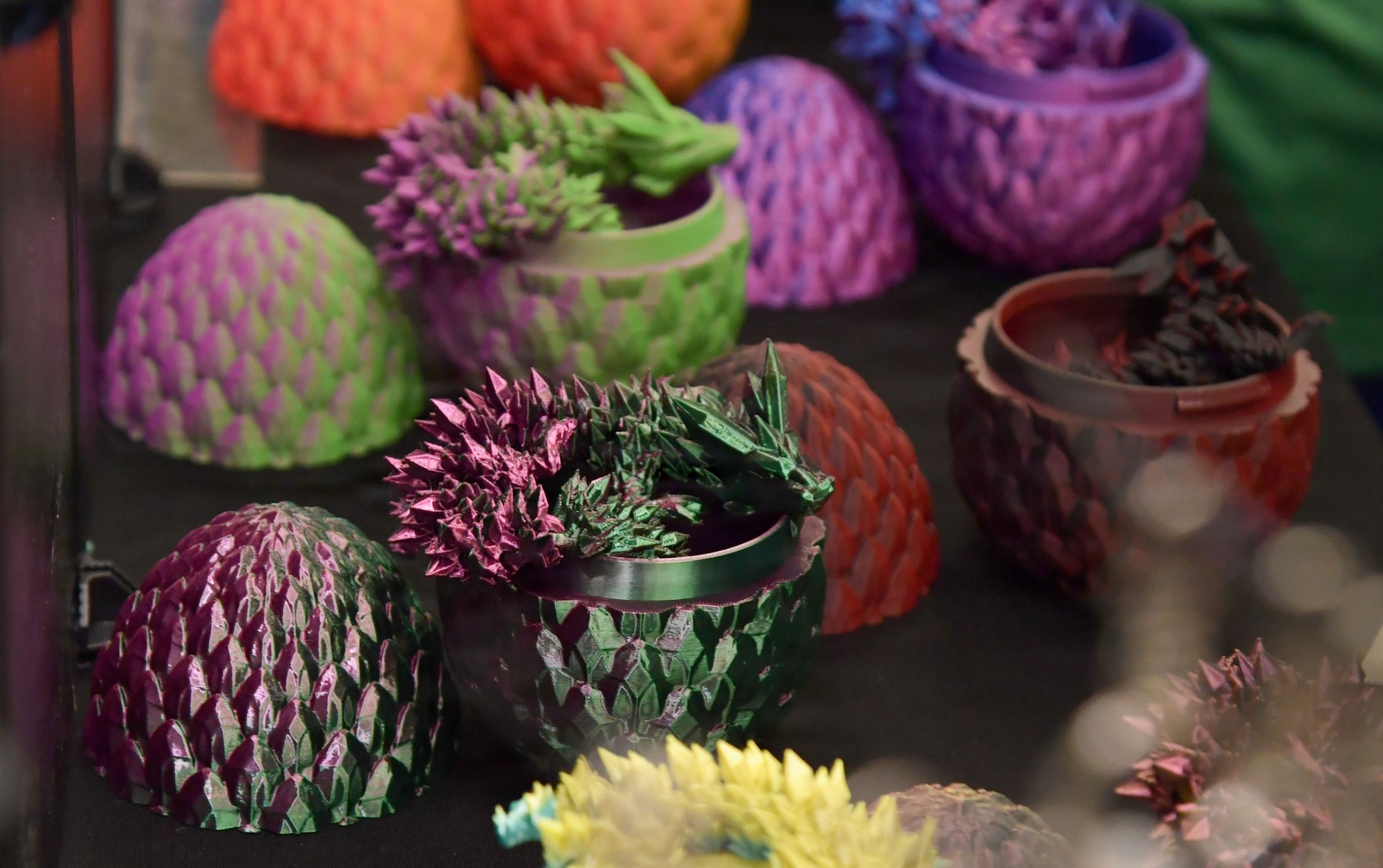 Toy dragons are on display.