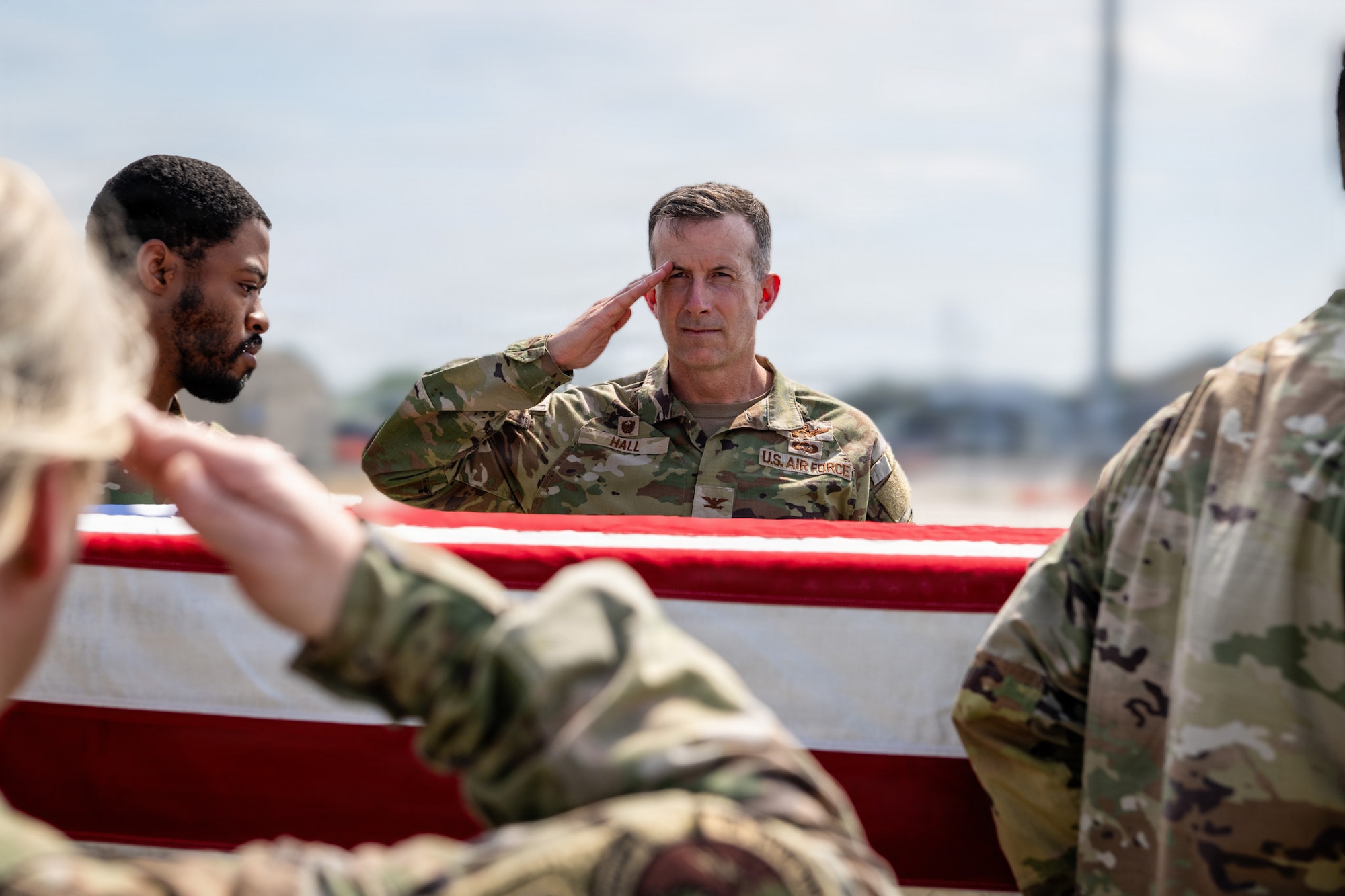 U.S. Air Force Col. Sean Hall, 23d Wing commander, renders a salute during a simulated dignified movement for Exercise Ready Tiger 26-3 at Savannah Air National Guard Base, Georgia, April 16, 2026. Important events and high-tempo scenarios validated the Wing’s ability to generate forces and sustain operations under pressure. (U.S. Air Force Photo by Senior Airman Iain Stanley)