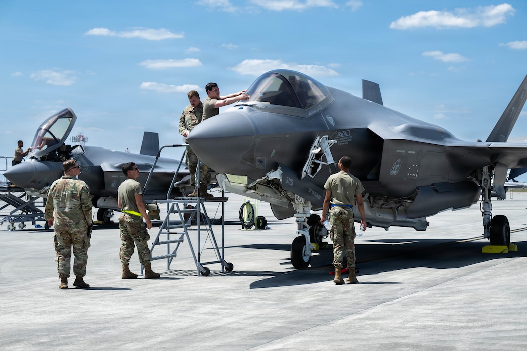 U.S. Air Force Airmen assigned to the 95th Fighter Generation Squadron prepare F-35A Lightning II aircraft for flight operations during Exercise Ready Tiger 26-3 at Savannah Air National Guard Base, Georgia, April 15, 2026. Crew chiefs ensured the aircraft was safe, properly configured and ready for flight, playing a critical role in mission success. Airmen demonstrated disciplined execution and accountability, key to maintaining Air Force standards and readiness. (U.S. Air Force photo by Senior Airman Victoria Moehlman)