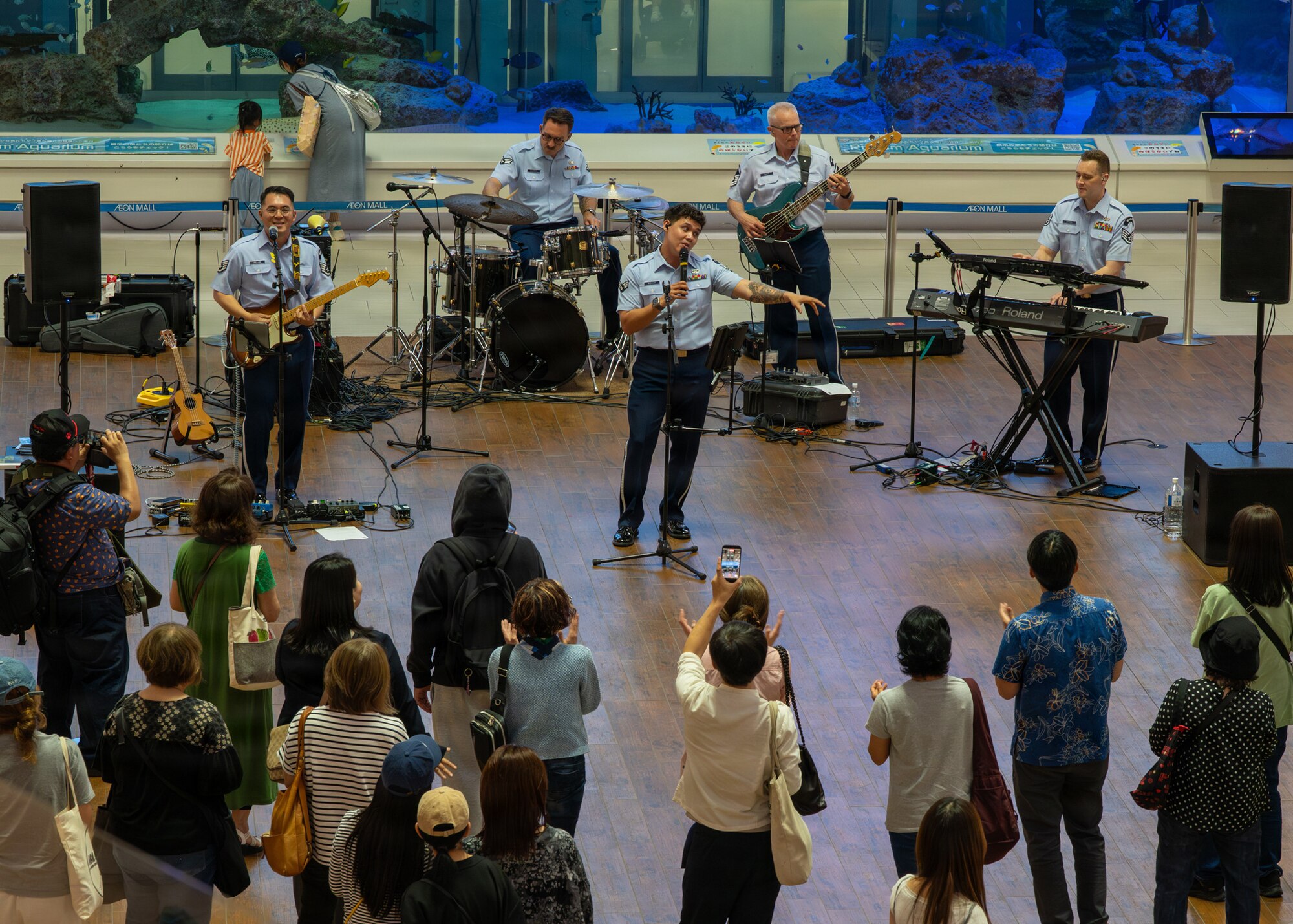 The U.S. Air Force Band of the Pacific performs for members of the Okinawan community during a show at a local mall in Kitanakagusuku, Okinawa, April 13, 2026.