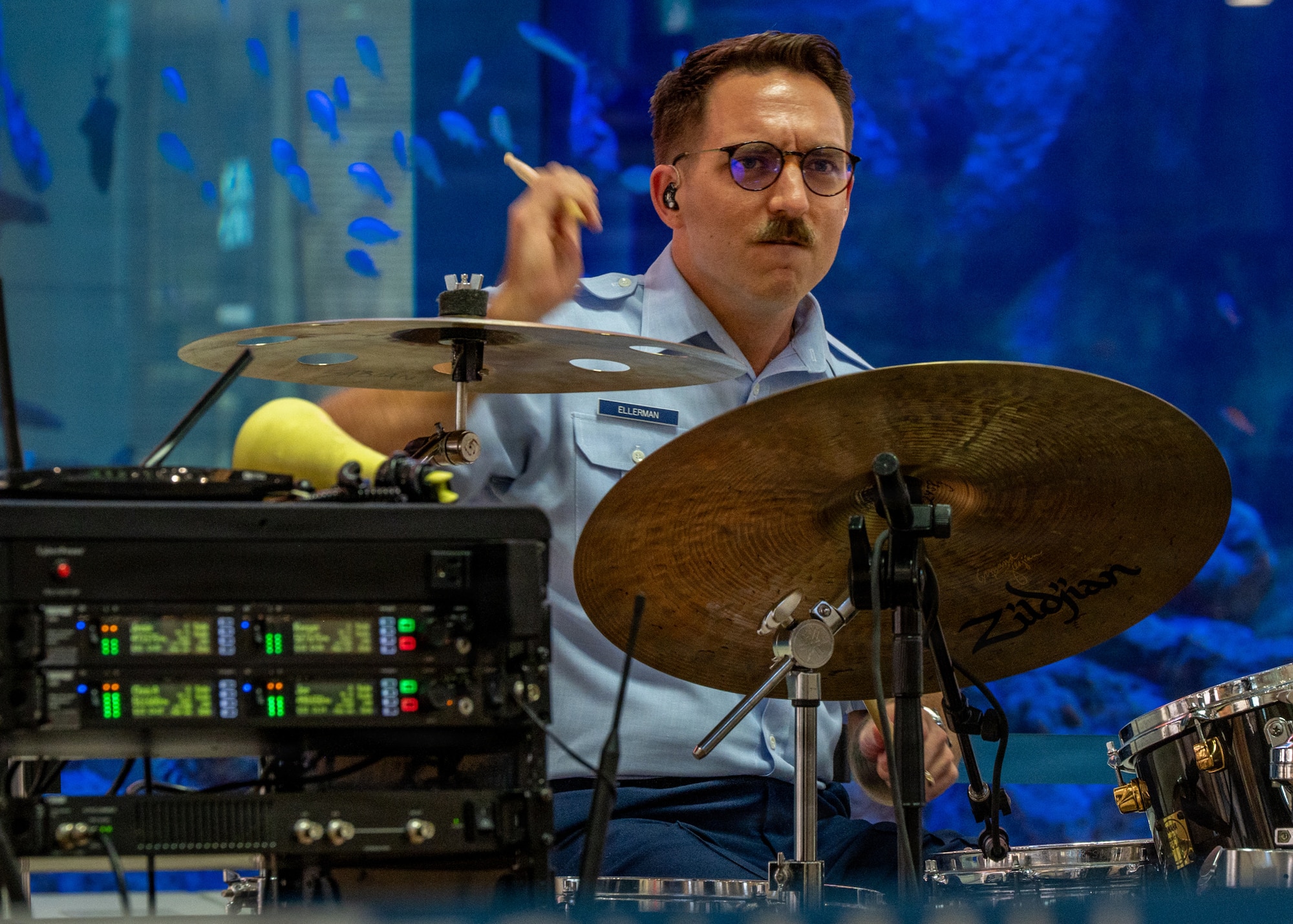 U.S. Air Force Senior Airman Brian Ellerman, U.S. Air Force Band of the Pacific drummer, performs during a show at Kitanakagusuku, Okinawa, April 13, 2026.