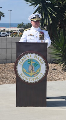 Rear Adm. Benjamin Nicholson, command, Military Sealift Command addresses the attendees of the Military Sealift Command hospital ship USNS Mercy (T-AH 19) Medical Treatment Facility (MTF) change of command ceremony at the Island Club, on Naval Air Station North Island, today.  The MTF welcomes their new commanding officer, Capt. Damian Storz, who assumes command from Capt. Charles Dickerson, who served as the MTF commanding officer since 2024.