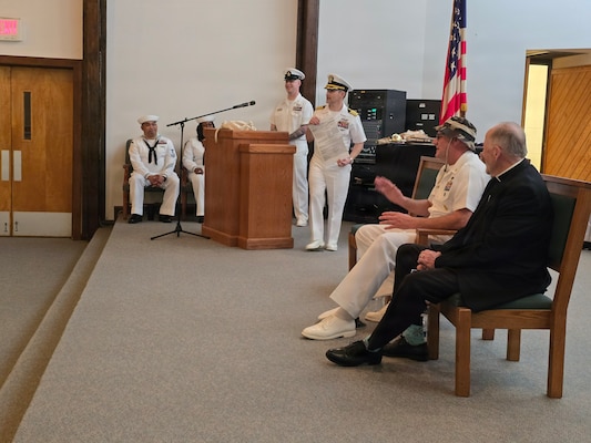 Naval Medical Readiness Logistics Command (NMRLC) held a retirement ceremony to say goodbye to Command Master Chief Hospital Corpsman Brandon Lindbeck at the Naval Weapons Station Yorktown Nelson Chapel, Friday, April 17. Capt. Christopher Barnes, NMRLC’s commanding officer, was the presiding officer.